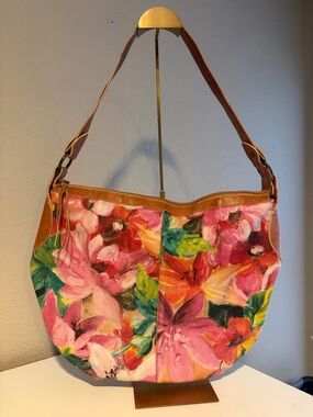 Maurizio Taiuti Italian Leather Floral Hobo Bag Painted Flowers Shoulder Bag
